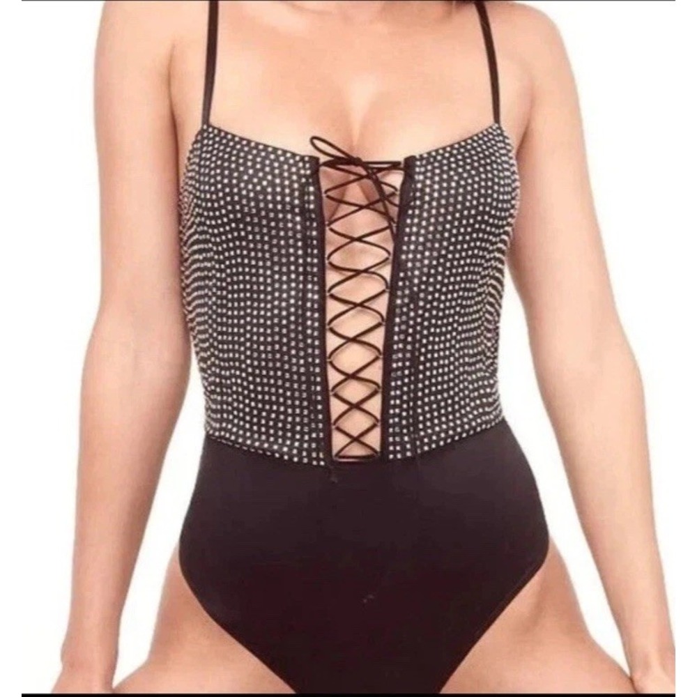 For Love & Lemons Rhinestone Thong Back Black Lace Up Front Bodysuit‎ XXS